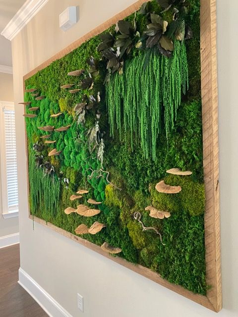 cadre végétal avec mousse, amarantes et feuillages stabilisés dans une maison aux murs beige  moss, amaranth and stabilised foliage in a house with beige walls